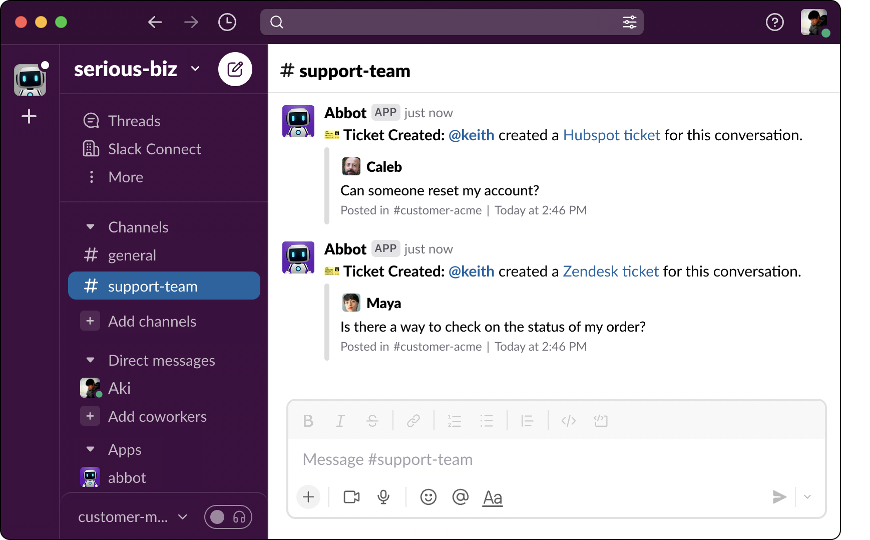 A screenshot of Slack with Abbot posting messages about tickets being created using HubSpot and Zendesk